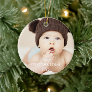 Baby Boy Eerste Kerstfoto Naam Blauw Keramisch Ornament