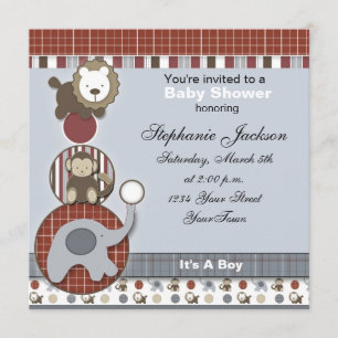 Baby Boy Elephant, aap en leeuw Baby shower Invi Kaart