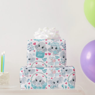Baby Boy Elephant Cute Blue Baby Shower Baptism  Cadeaupapier