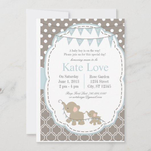 Baby Boy Elephant - Invitation Baby shower (Devant)