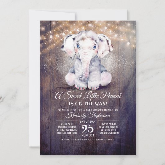 Baby Boy Elephant Rustique Baby shower Invitation (Devant)