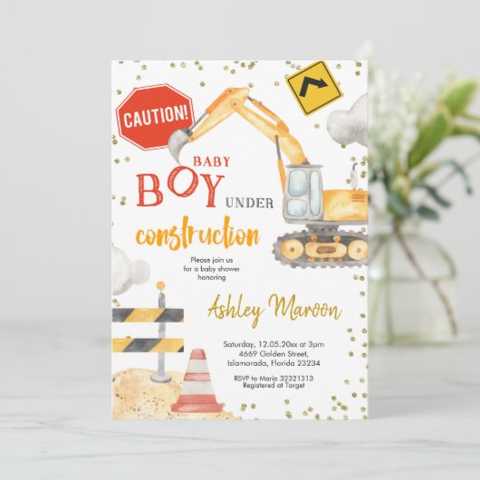 Baby Boy en construction Baby shower Invitation (Debout devant)