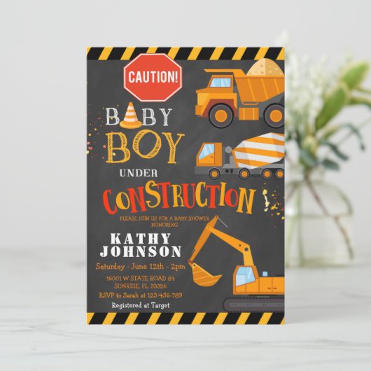 Baby Boy en construction Baby shower Invitation (Debout devant)