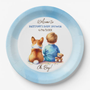Baby Boy en zijn Corgi Puppy Baby shower Papieren Bordje