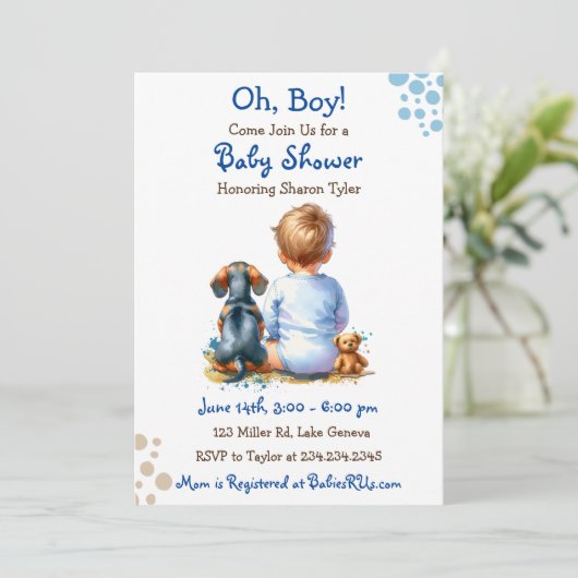Baby Boy en zijn Dachshund Puppy Baby Shower Kaart (Staand voorkant)