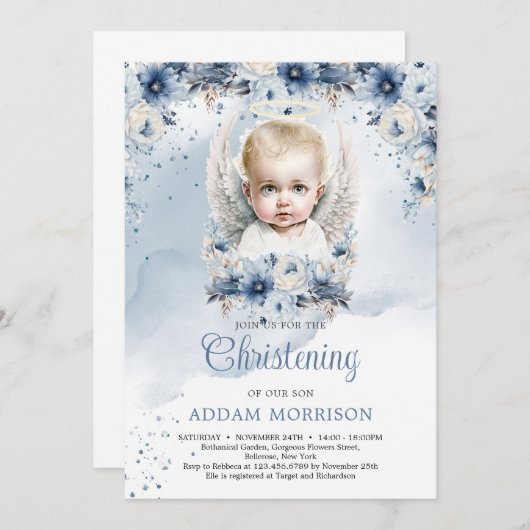 Baby boy engel en stoffige blauwe bloemenkrans kaart (Voorkant / Achterkant)