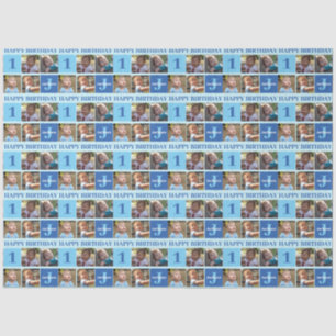 Baby Boy First Birthday Cute Blue Photo Collage Tissuepapier