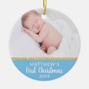 Baby Boy FIRST Christmas Blue   Bericht + AFBEELDI Keramisch Ornament