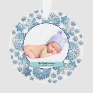 Baby Boy First Christmas Photo Snowflakes