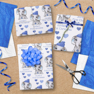 Baby Boy First KerstBlue Elephant Personaliseren Inpakpapier Vel