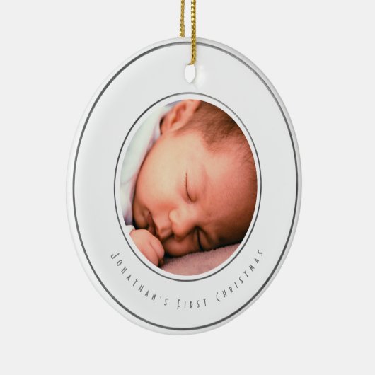 Baby Boy First Kerstfoto | Zilver Snowflake Keramisch Ornament (Rechts)