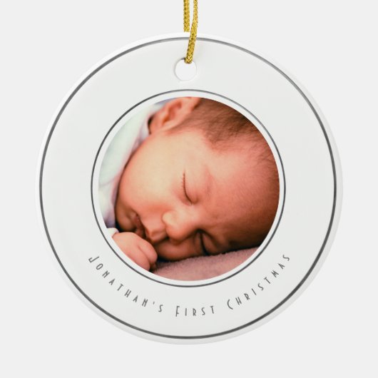Baby Boy First Kerstfoto | Zilver Snowflake Keramisch Ornament (Voorkant)