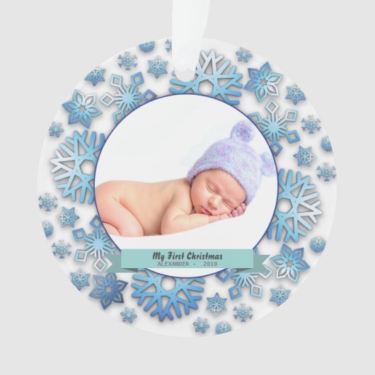 Baby Boy First Kerstmis Foto Snowflakes Ornament (voorkant)
