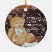 Baby Boy First KerstTeddy Bear Wood Snow Keramisch Ornament (Voorkant)