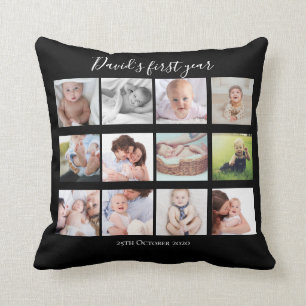 Baby Boy First Year Foto Collage Gift Black Kussen