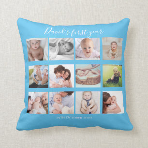 Baby Boy First Year Foto Collage Gift Blue Kussen