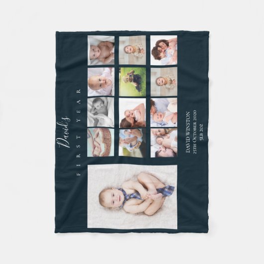 Baby Boy First Year Foto Collage Keepomwille Navy Fleece Deken (Voorkant)