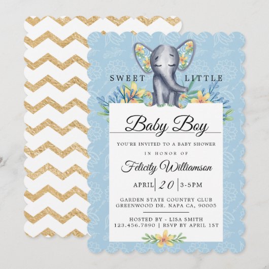 Baby Boy Floral Elephant Baby shower Invitation (Devant / Derrière)