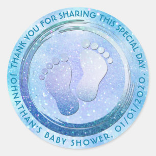 Baby Boy Footprint Glitterende Baby shower Favor Ronde Sticker
