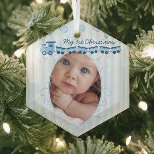 Baby Boy Foto Blauw Choo Choo Trein Geboorterecord Glas Ornament