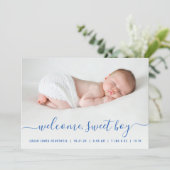 Baby Boy Foto Blauw Script Harten Geboorte Aankondiging (Staand voorkant)