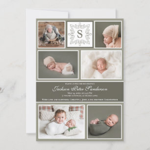 Baby Boy Foto Collage Olive Green Monogram Birth Aankondiging