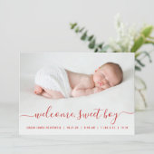 Baby Boy Foto Rood Script Harten Geboorte Aankondiging (Staand voorkant)