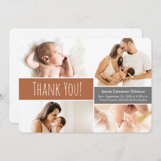 Baby boy Fotocollage Terra cotta sinaasappel Bedankkaart (Voorkant / Achterkant)