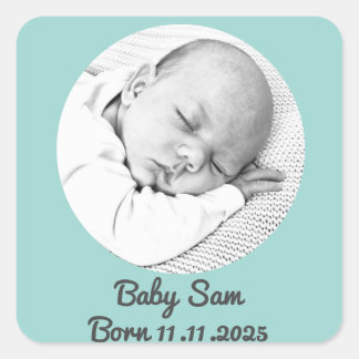 Baby Boy Geboorte Aankondiging Foto en Naam Custom Vierkante Sticker
