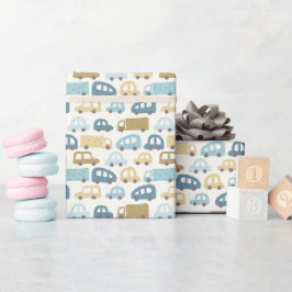 Baby Boy Gift Wrap Cars & Trucks | Blue & Beige Cadeaupapier
