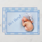 Baby Boy Gingham Modern Foto geboorteaankondiging Aankondiging (Voorkant / Achterkant)