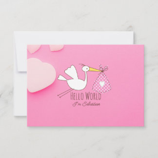 Baby Boy Hello World Sebastian Pink Thank You Card Bedankkaart