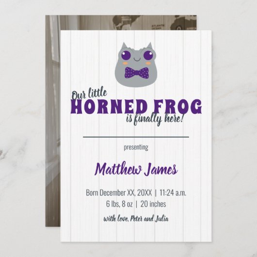 Baby Boy Horned Frog Paarse Vertical Baby Aankondiging (Voorkant / Achterkant)