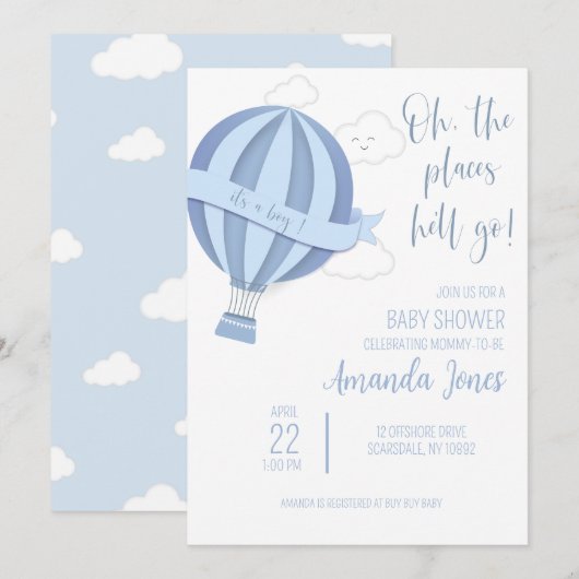 Baby Boy Hot Air Balloon Shower Invitation (Devant / Derrière)