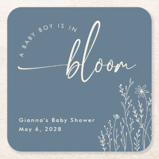 Baby Boy In Bloom - Dusty Blue Baby shower Onderze Vierkante Kartonnen Onderzetter