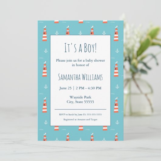 Baby Boy Lighthouse en Anchor Pattern op Blue Kaart (Staand voorkant)