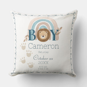 Baby Boy Lion Custom Naam en Geboorte Details Kussen