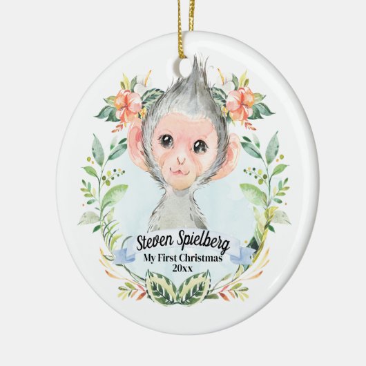 Baby Boy Mijn eerste kerstWaterverf Baby aap Keramisch Ornament (Links)