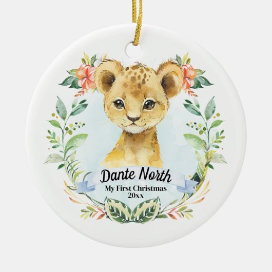 Baby Boy Mijn eerste kerstWaterverf-leeuwenkap Keramisch Ornament (Voorkant)