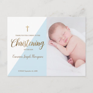 Baby Boy Modern Blue Photo Christening Dank u Briefkaart
