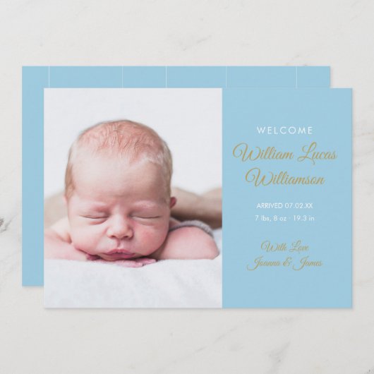 Baby Boy Modern Gold Script Photo Birth Aankondiging (Voorkant / Achterkant)