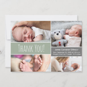 Baby boy Modern Green Photo Collage and Birth info Bedankkaart