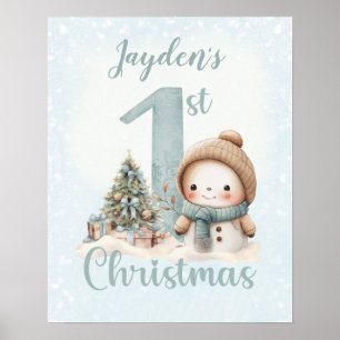 Baby Boy Name First Christmas Blue Nursery Poster