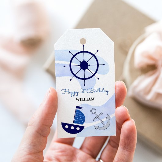 Baby Boy Nautical Waterverf Navy Blue Cadeaulabel