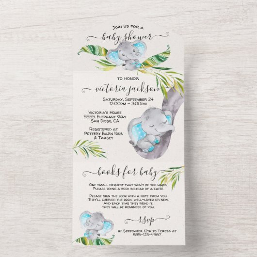 Baby Boy Oerwoud Elephant Baby shower All In One Uitnodiging (Binnen)