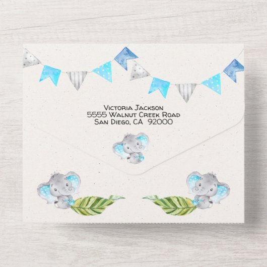 Baby Boy Oerwoud Elephant Baby shower All In One Uitnodiging (Achterkant)