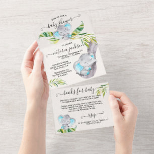 Baby Boy Oerwoud Elephant Baby shower All In One Uitnodiging