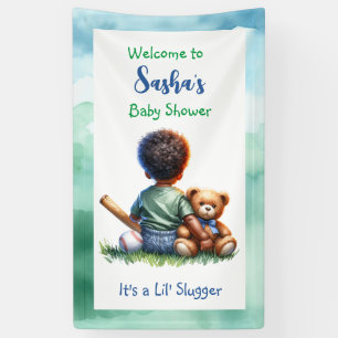 Baby Boy of Color met zijn Teddy Bear Baby shower Spandoek