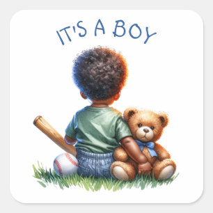 Baby Boy of Color met zijn Teddy Bear Baby shower Vierkante Sticker