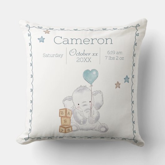 Baby Boy Olifant Custom Naam Keepsake Kussen (Voorkant)